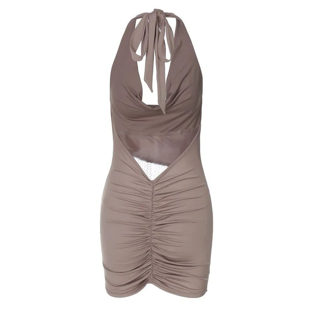 שמלת מיני צווארון נופל בעיצוב רשת זרקונים מנצנצים כיווצים בישבן קשירה בצוואר - Linda