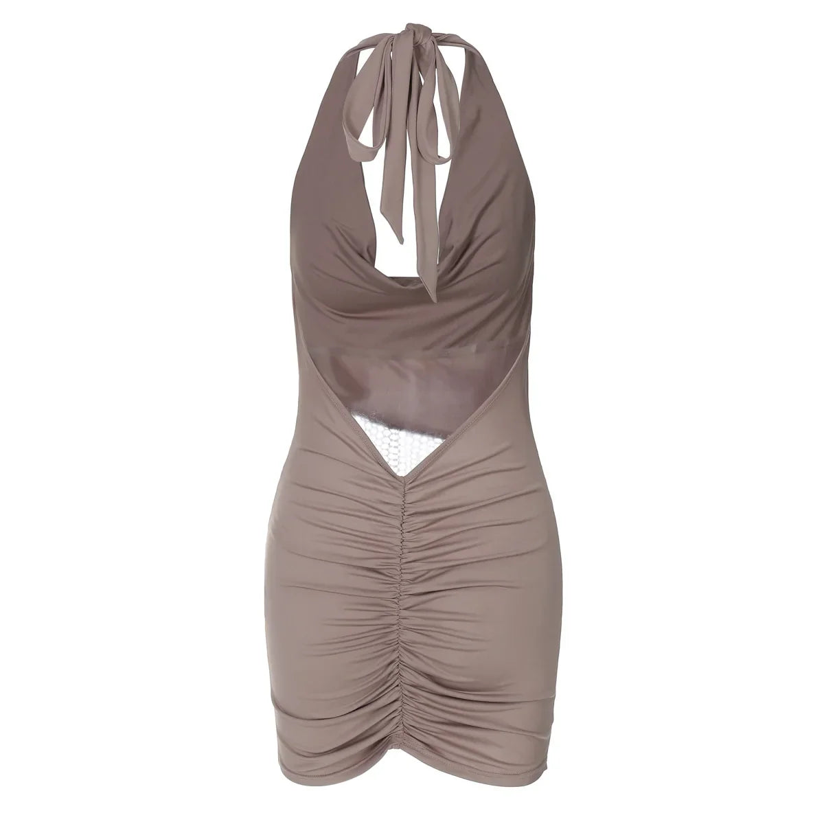 שמלת מיני צווארון נופל בעיצוב רשת זרקונים מנצנצים כיווצים בישבן קשירה בצוואר - Linda