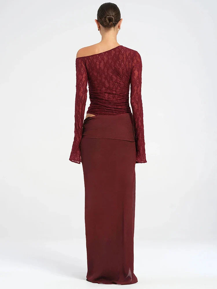 שמלת מקסי בעיצוב שסע ותחרה בעיטור קשירה - WINE