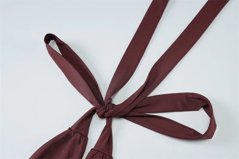 שמלת מקסי בעיצוב קשירה בצוואר ומחשוף V עמוק בעיטור שסע וכיווצים - צ'ינה