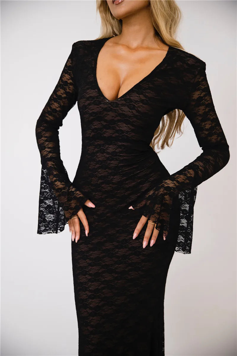 Bell Sleeve Lace Maxi Dress V Neckline - Zohara