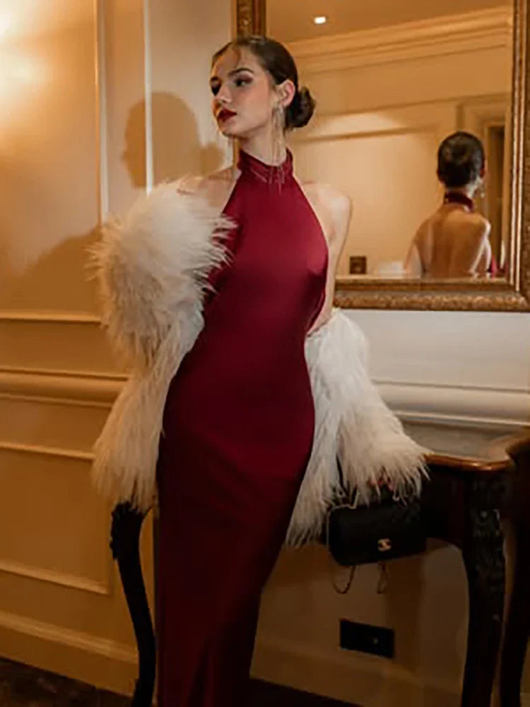 שמלת מקסי סאטן קולר גב פתוח - Aliya