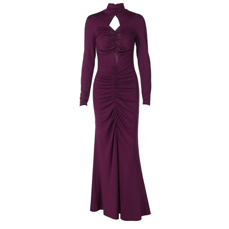 שמלת מקסי צווארון גולף צנועה בעיצוב כיווצים ומלמלה - מלכה