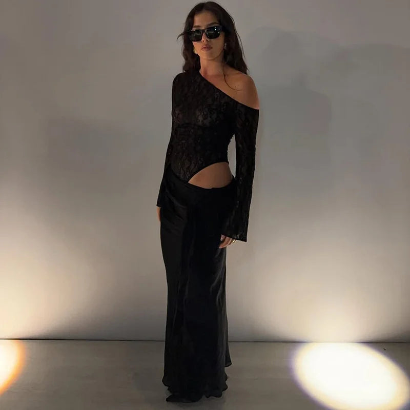 שמלת מקסי בעיצוב שסע ותחרה בעיטור קשירה - WINE