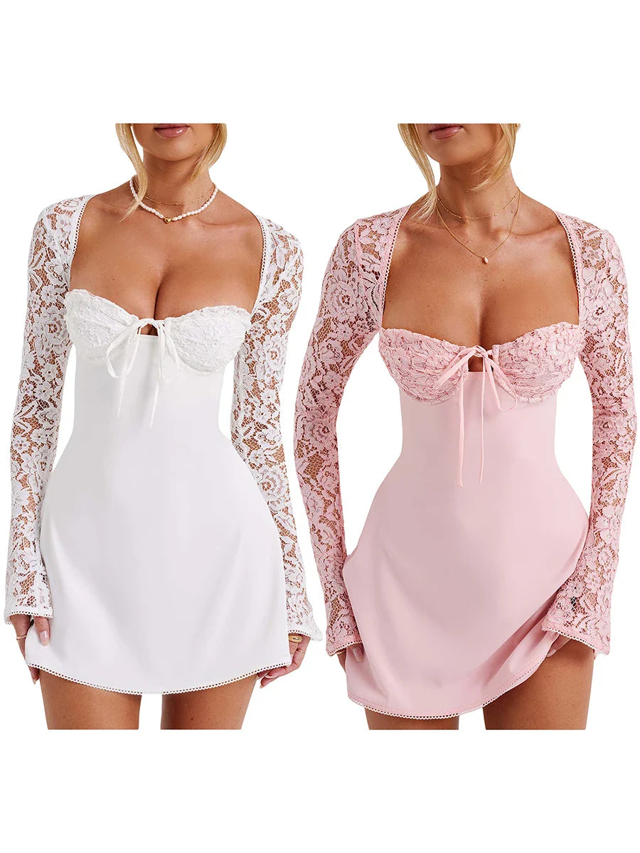 שמלת מיני בגזרת A  קשירות בגב בעיטור תחרה - לוטם