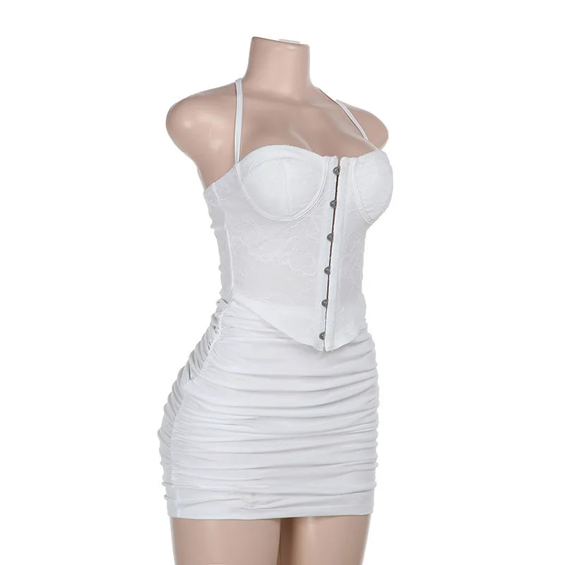 שמלת מיני כיווצים צמודה בעיצוב מחוך תחרה סגירת סיכות גב פתוח - אמילי