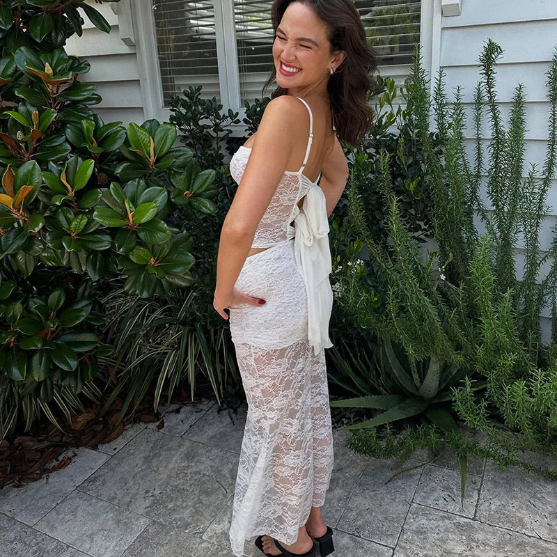 סט תחרה שני חלקים טופ גופיה קשירות בגב וחצאית מקסי - רייצ'ל