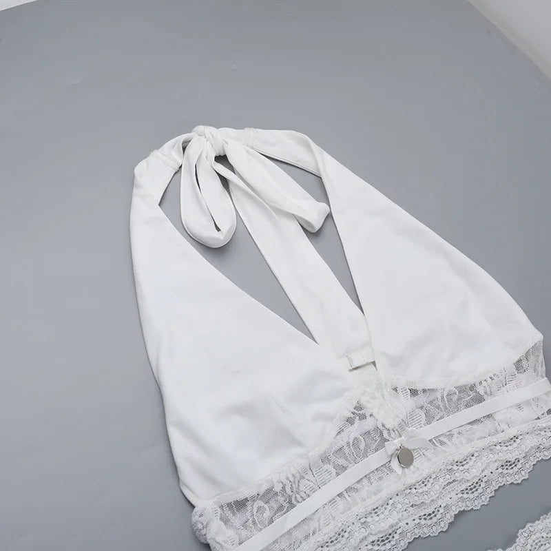 סט שני חלקים חצאית וטופ קשירה בעיטור תחרה - אנג'לין