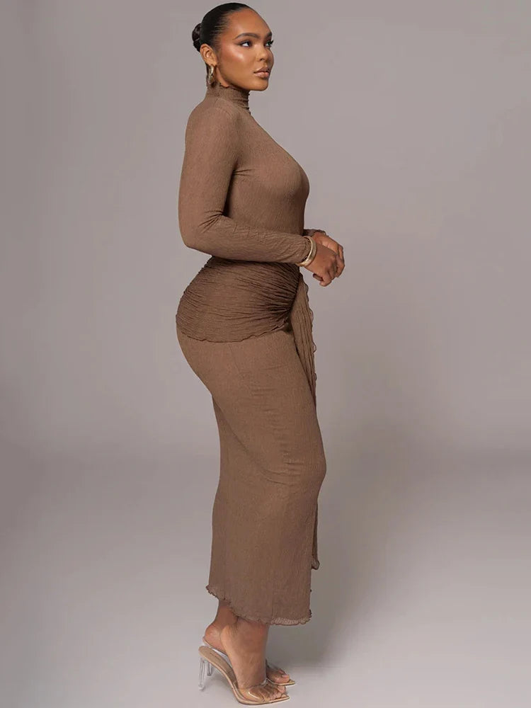 שמלת מקסי כיווצים בעיטור קשירה צווארון גולף - הלסי