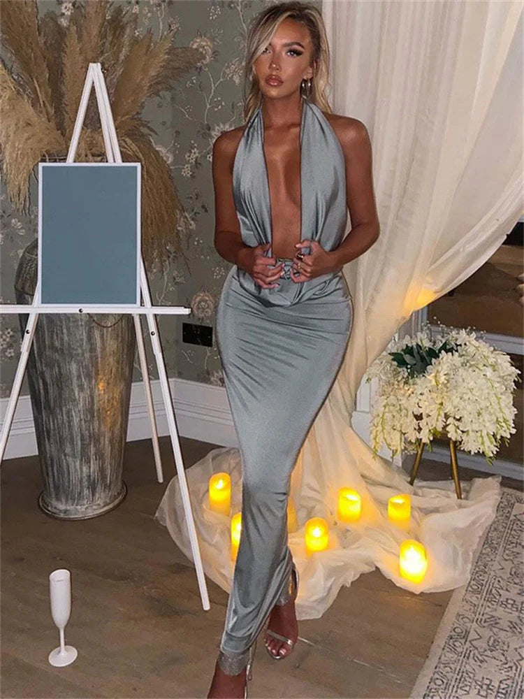 שמלת מקסי סאטן צווארון נופל גב פתוח - HOTIE