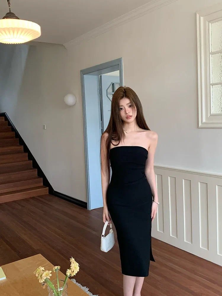 שמלת מידי סטרפלס אלגנטית בעיטור שסע - קורל