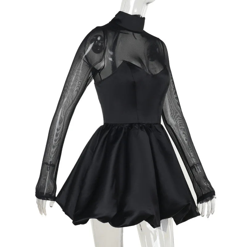 שמלת מיני בלון סאטן בעיצוב רשת צווארון חצי גולף - מורין