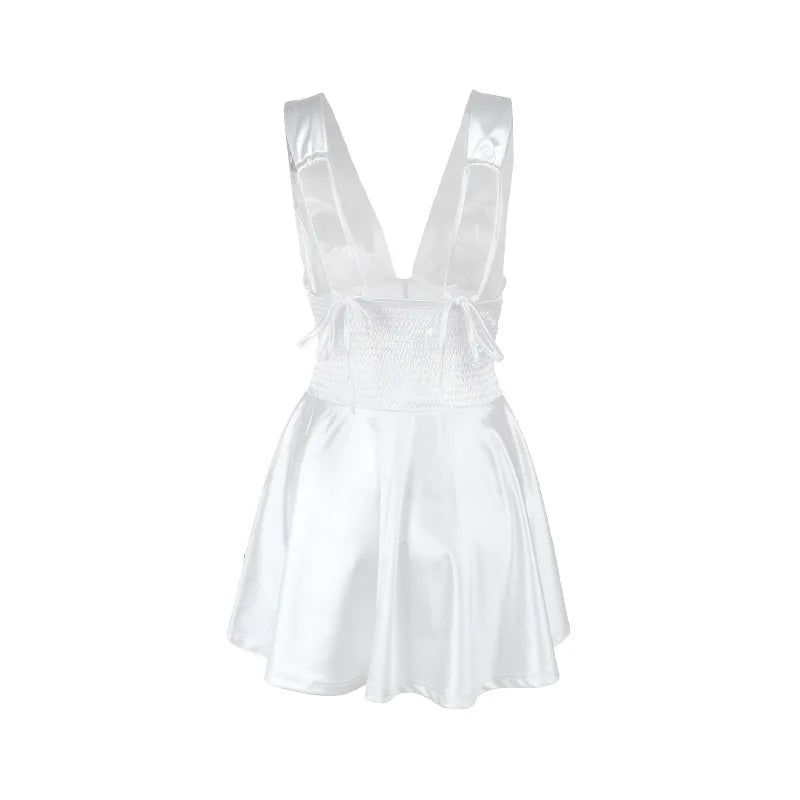 שמלת מיני סאטן בעצוב כיווצים קשירה בכתפיות - Celia