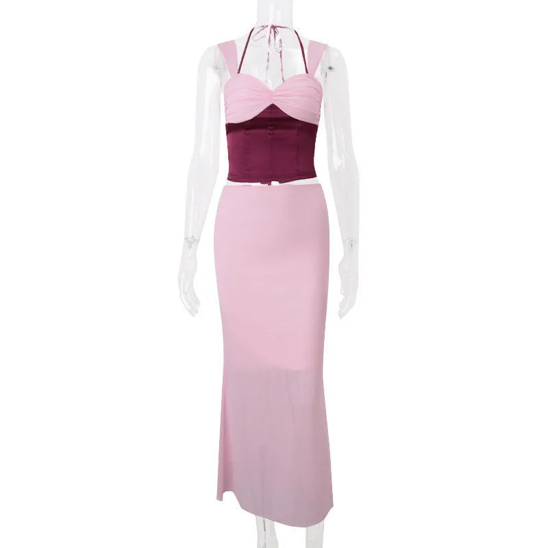 סט שני חלקים חולצה בעיצוב סאטן וחצאית מקסי בעיטור שיפון - מקסימה