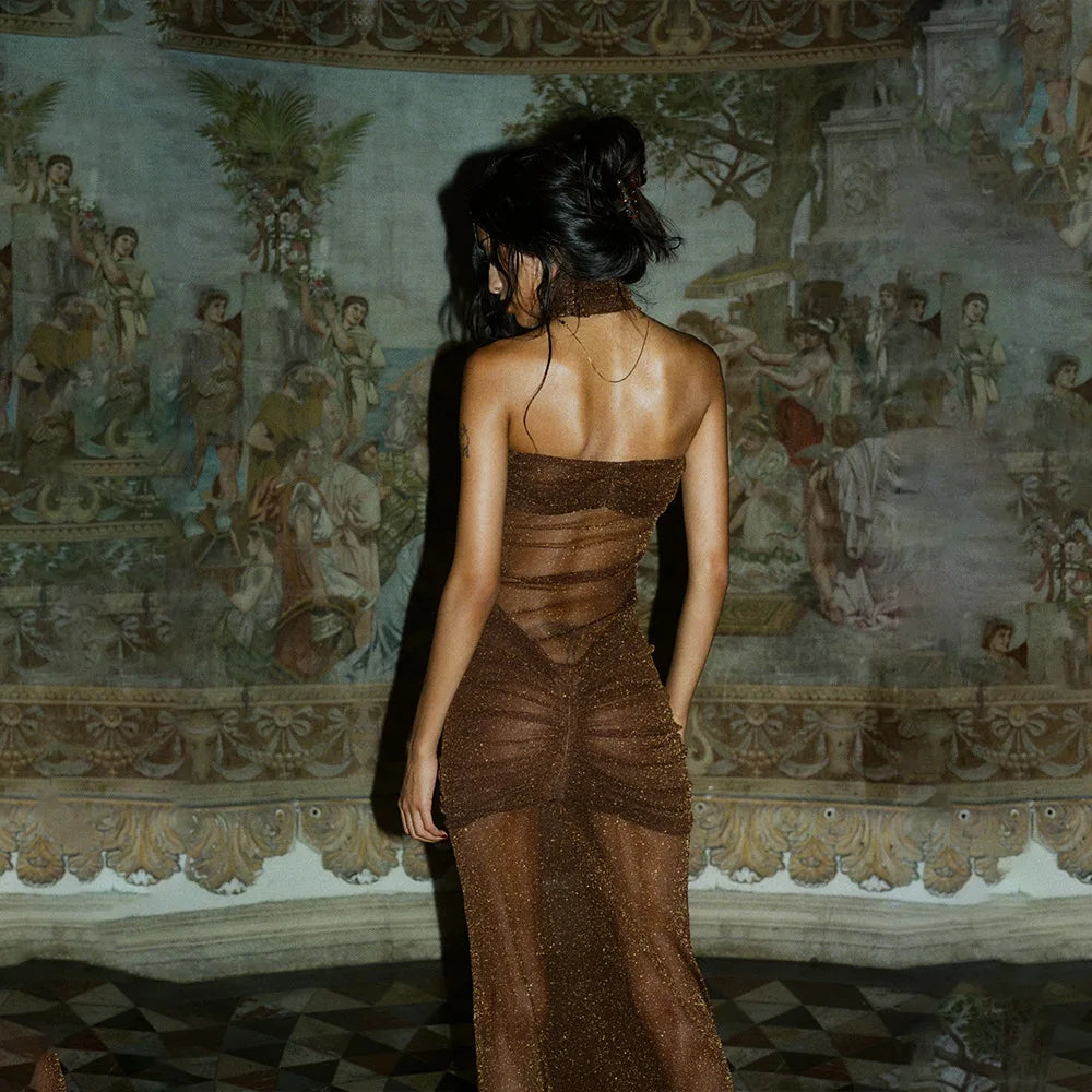 שמלת סטרפלס מקסי רשת נצנצים בעיטור כיווצים - Haisley