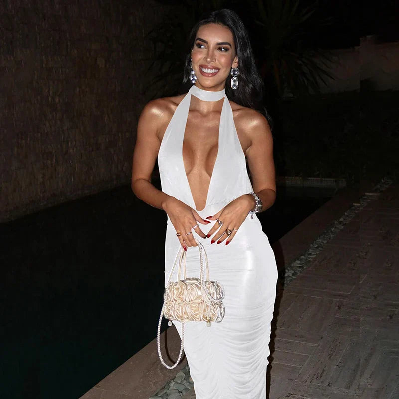 שמלת מקסי קולר כיווצים צמודה צווארון V גב פתוח - Jimena