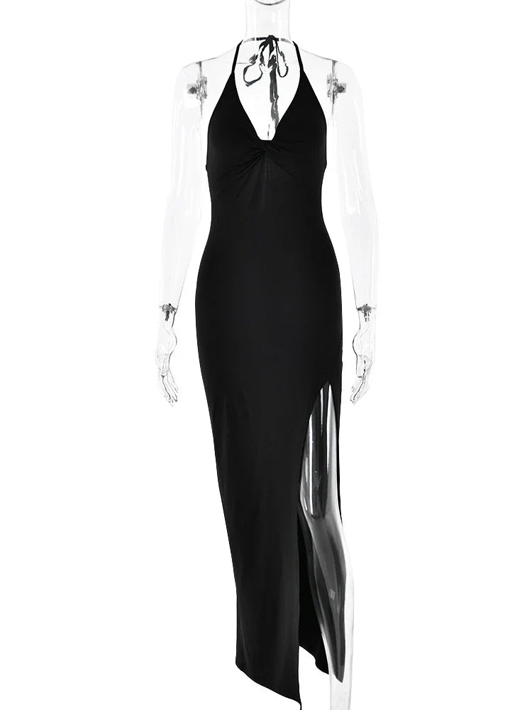 שמלת מקסי בעיצוב שסע צווארון V קשירה בצוואר - רז