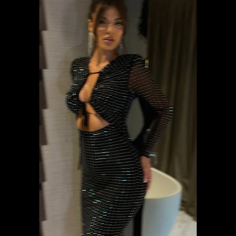 שמלת ערב מקסי נצנצים בעיטור מחשוף קשירה - מיכאלה