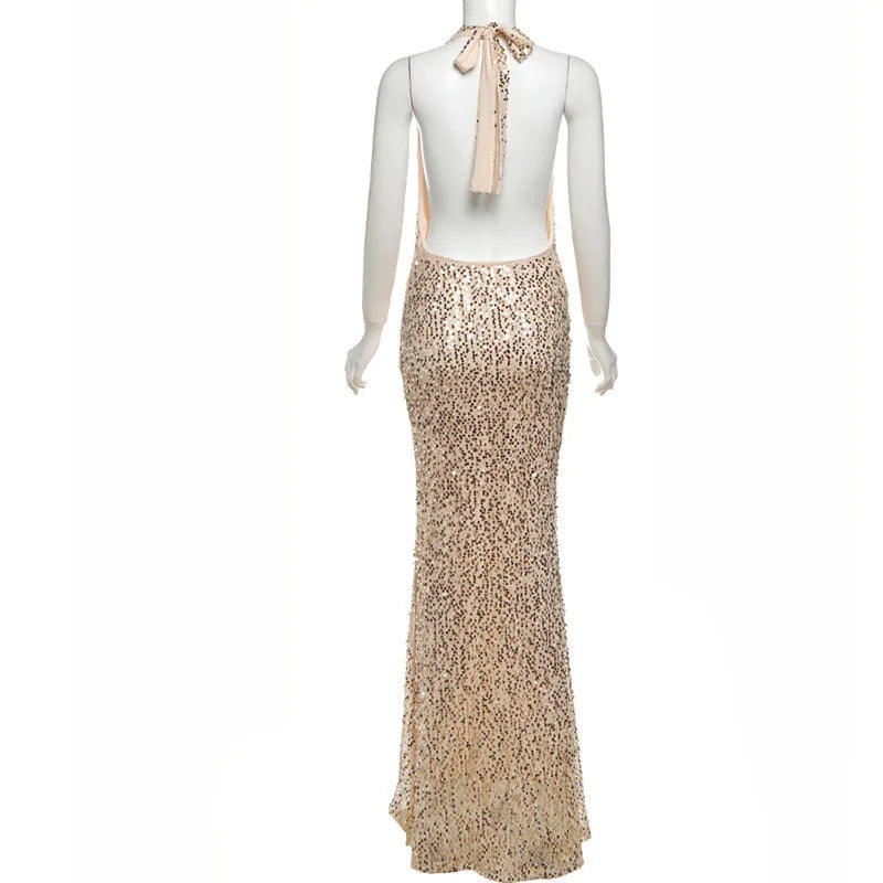 שמלת מקסי בעיטור פייטים גב חשוף צווארון נופל - Arabella