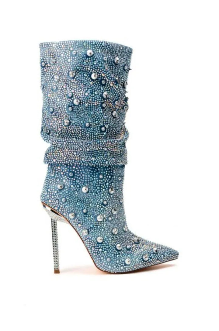 Denim pointed-toe boots with glittering rhinestones - Isabelle