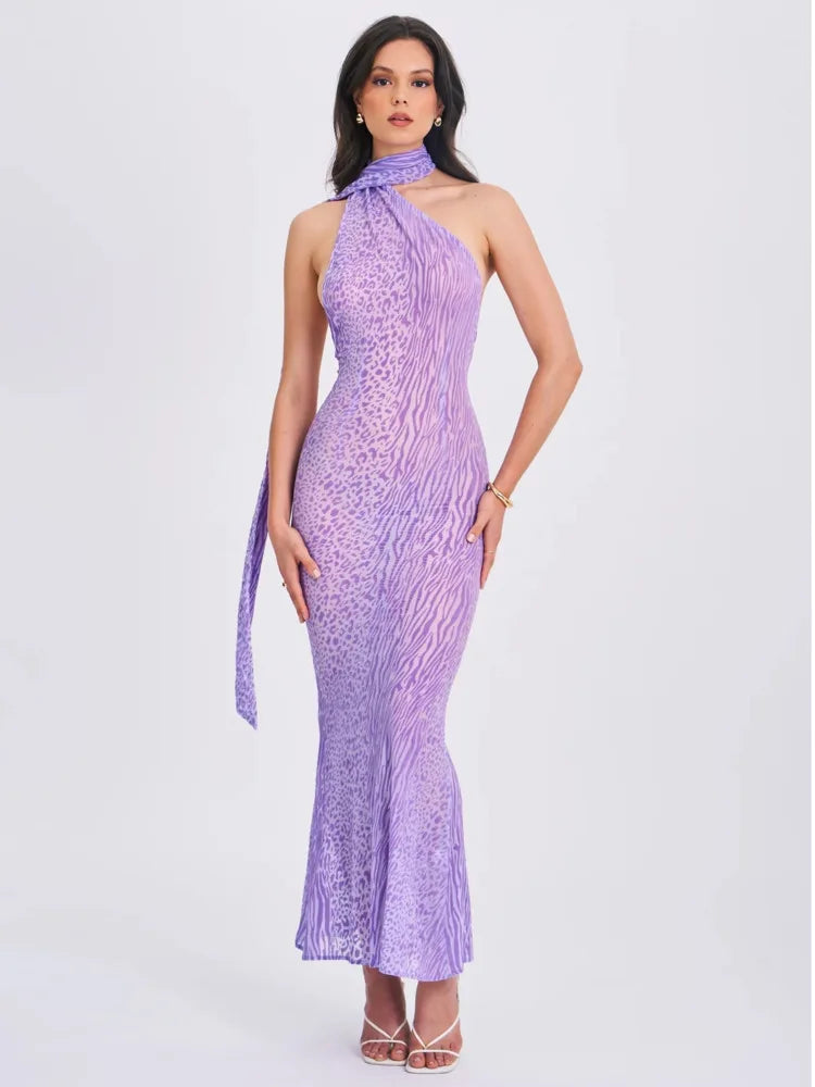 שמלת מקסי רשת מנומרת גב פתוח קשירה בצוואר - Jessica