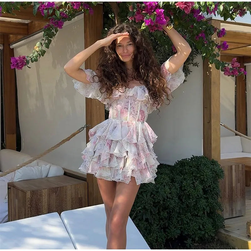 שמלת מיני מלמלה כתפיים חשופות בעיצוב פרחוני - ליסה