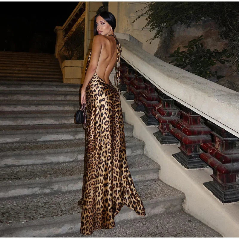 שמלת מקסי סאטן מנומרת קשירה בצוואר צווארון נופל - Adelyn