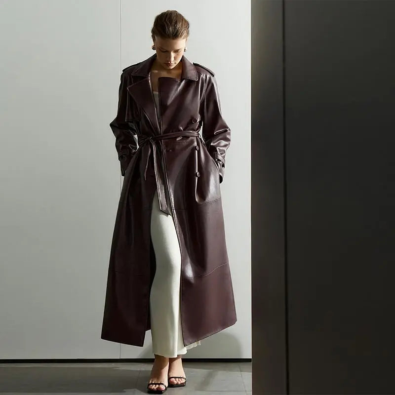 מעיל עור ארוך בעיצוב כפתורים וחגורת קשירה - LARA