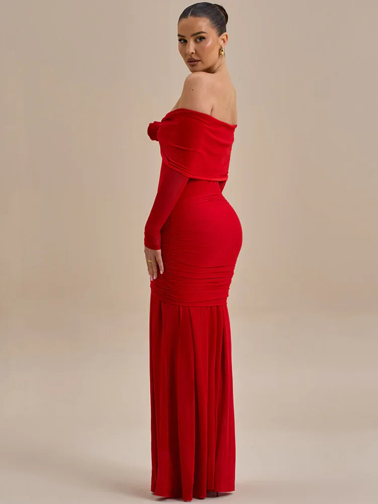 שמלת מקסי כתפיים חשופות בעיצוב כיווצים בעיטור אפליקציות פרחים - אנג'ליקה