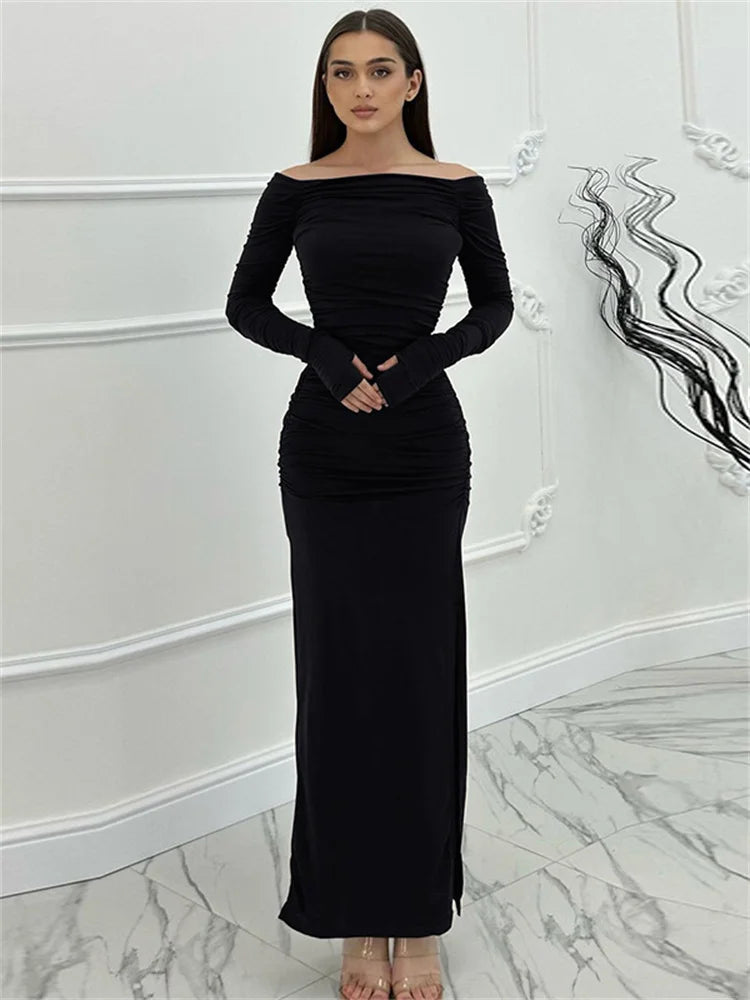 שמלת מקסי כיווצים בעיטור שסע - MARINA