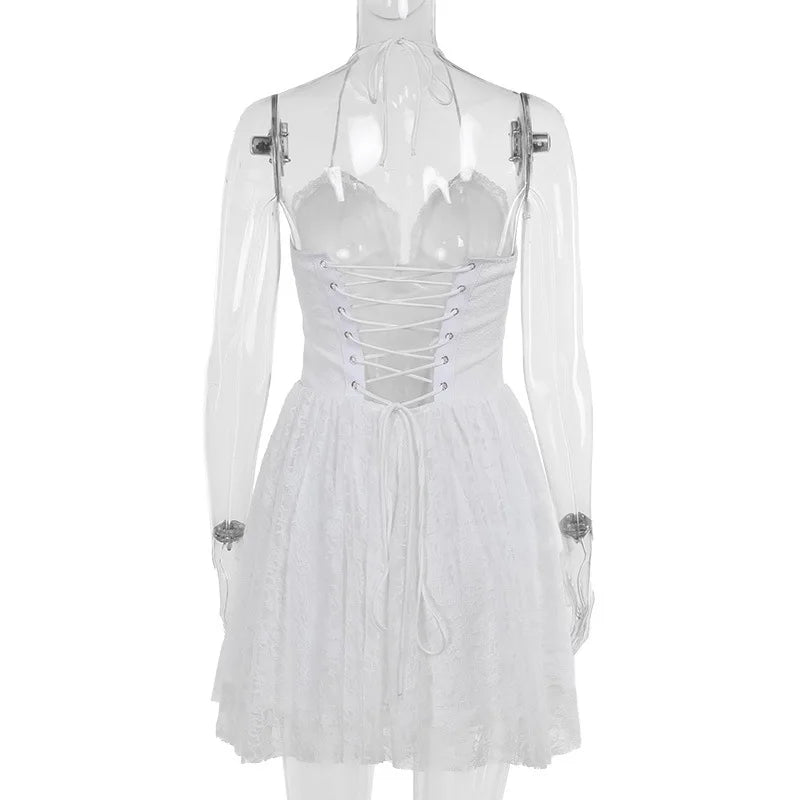 שמלת מיני תחרה בגזרת A קשירה בצוואר - אל