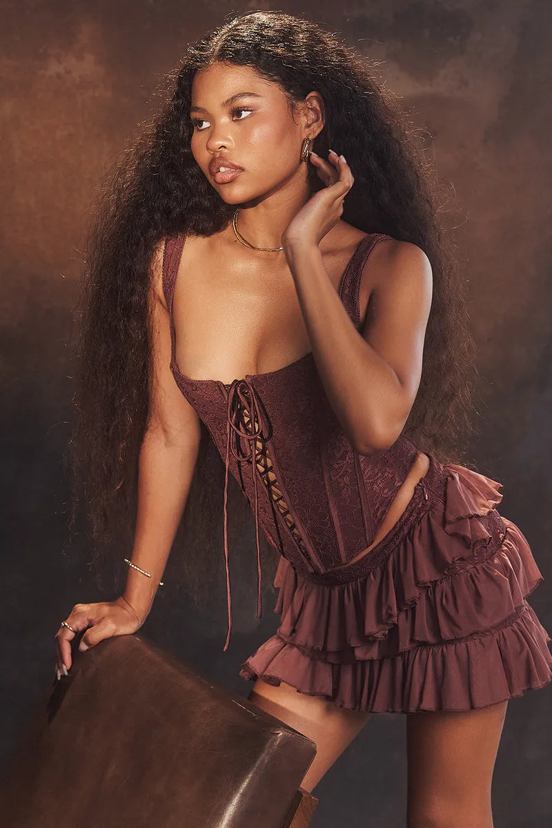 סט שני חלקים טופ מחוך קשירות וחצאית מלמלה מדורגת סטייל וינטג' - סורנטו