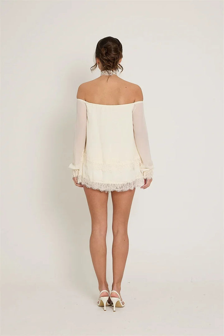 Off-the-shoulder mini dress with lace trim and matching shorts - Mali
