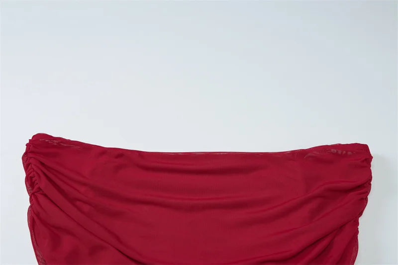 שמלת מקסי כיווצים כתפיים חשופות בעיצוב רשת - רונה