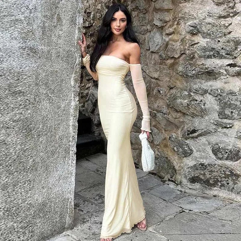 שמלת מקסי כתפיים חשופות שרוולי שיפון פעמון - YANA