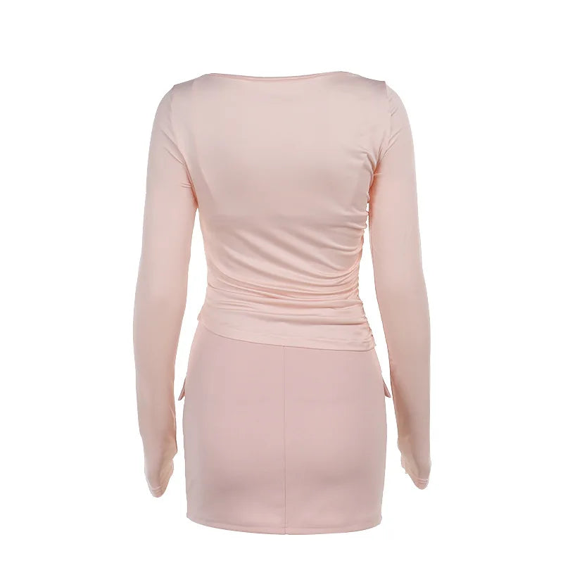 סט 3 חלקים חצאית מיני חולצה וגוזייה צמוד בעיטור כיסים - פרל