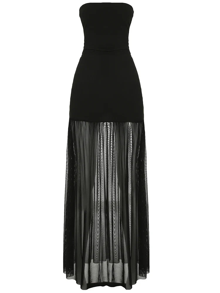 שמלת מקסי סטרפלס בעיטור שיפון ושסע - Lettie