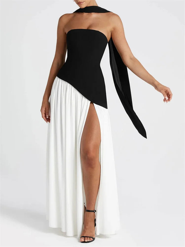 שמלת מקסי סטרפלס קשירה בגב בעיצוב חצאית שיפון בעיטור שסע וצעיף תואם - Zora