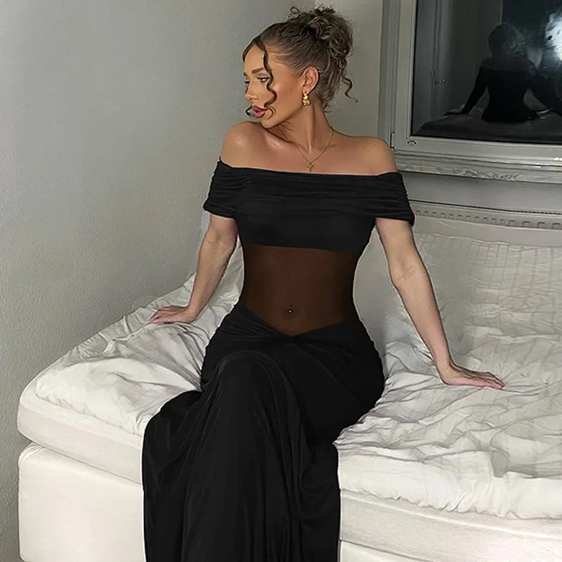 שמלת מקסי כיווצים כתפיים חשופות בעיצוב רשת - רונה