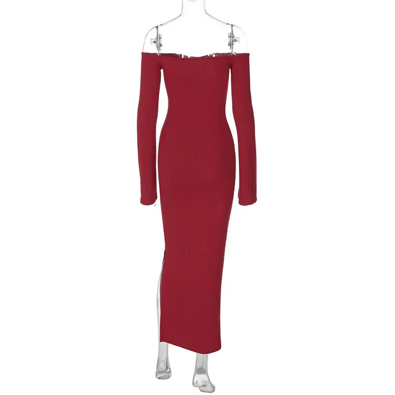 שמלת מקסי סרוגה כתפיים חשופות שרוולי פעמון בעיטור שסע קטן - ניב