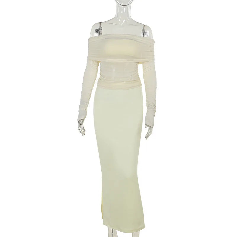 סט שני חלקים חצאית מקסי וחולצת רשת כתפיים חשופות - בלינה