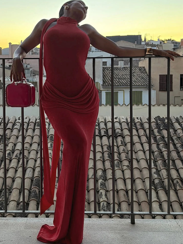 Open-back velvet maxi dress with pleats - Ciara