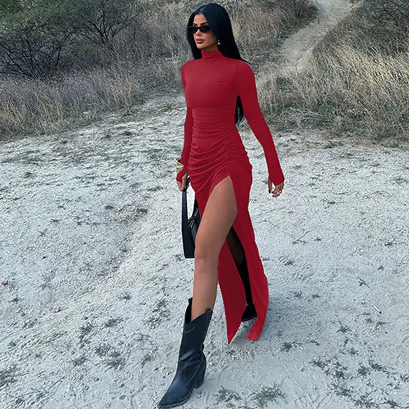 שמלת מקסי כיווצים צווארון גולף בעיצוב שסע עמוק - סאשה