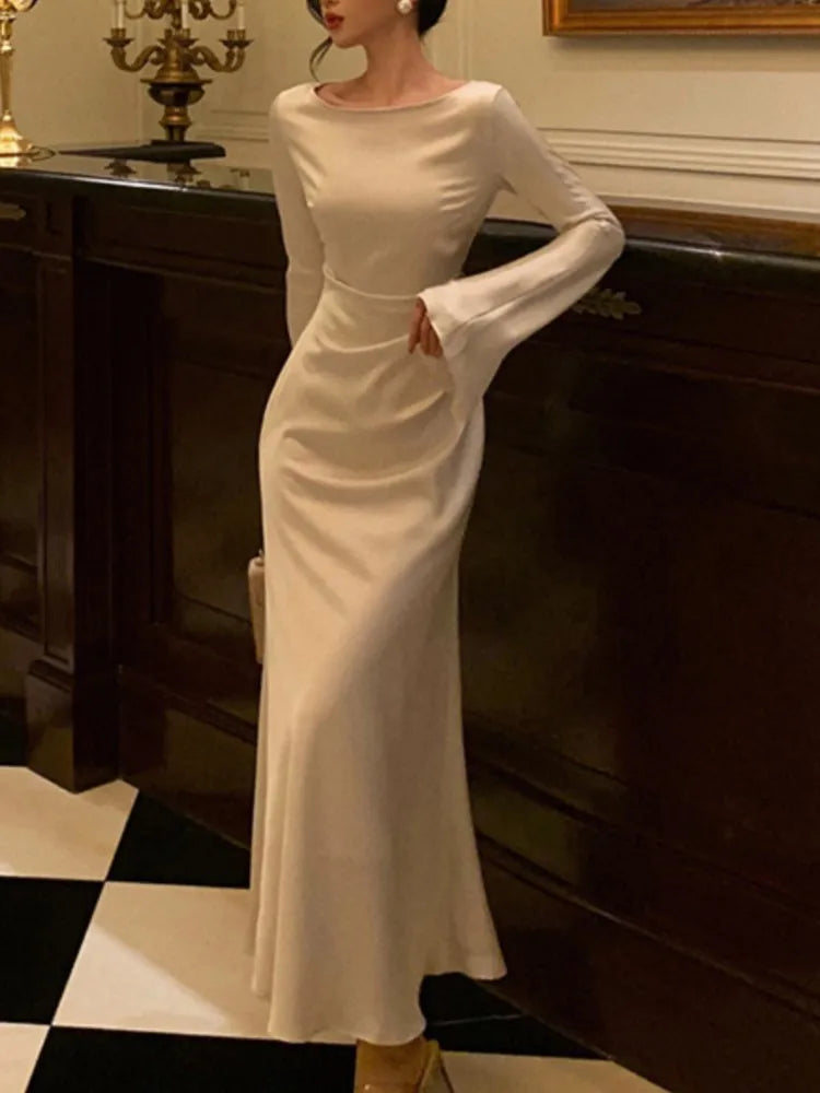 שמלת ערב מקסי סאטן אלגנטית שרוולי פעמון - סהר