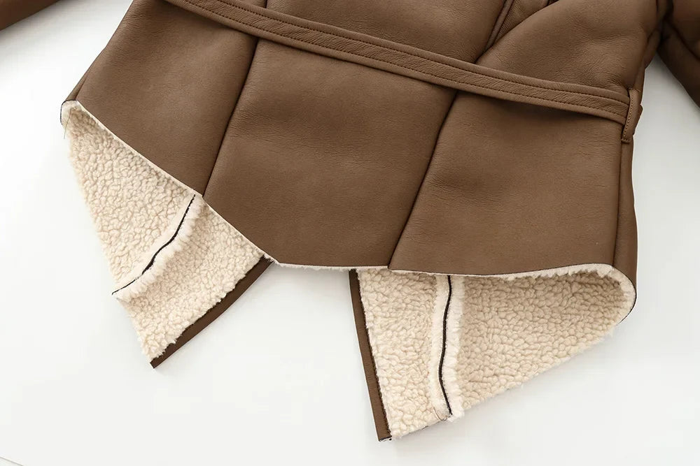 מעיל עור פרווה פנימית בעיצוב קשירת חגורה - מורן