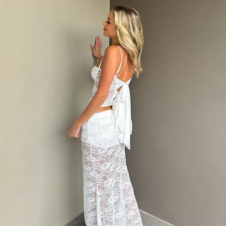 Two-piece lace set, tie-back tank top and maxi skirt - Rachel