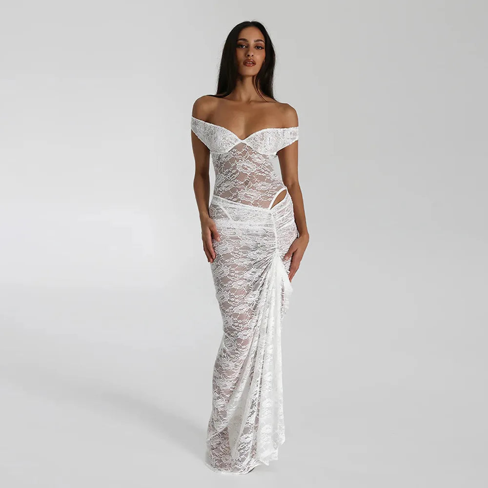 שמלת מקסי תחרה כתפיים חשופות בעיצוב שסע - אמיליאנה