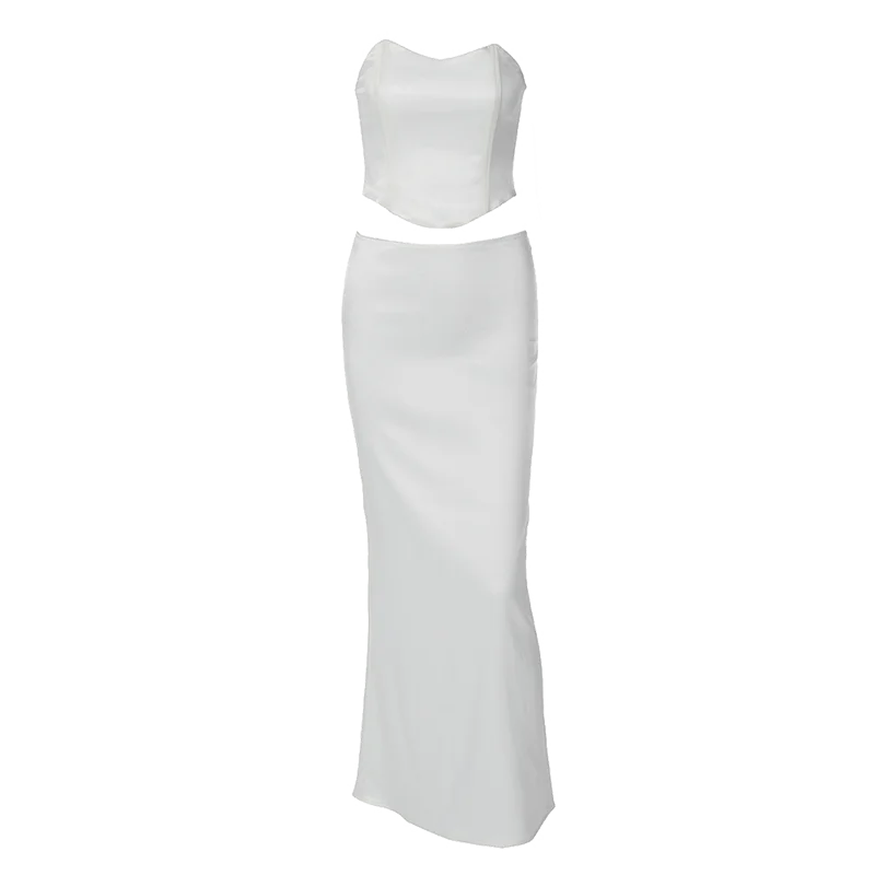 סט סאטן שני חלקים טופ סטרפלס וחצאית מקסי - סיאנה