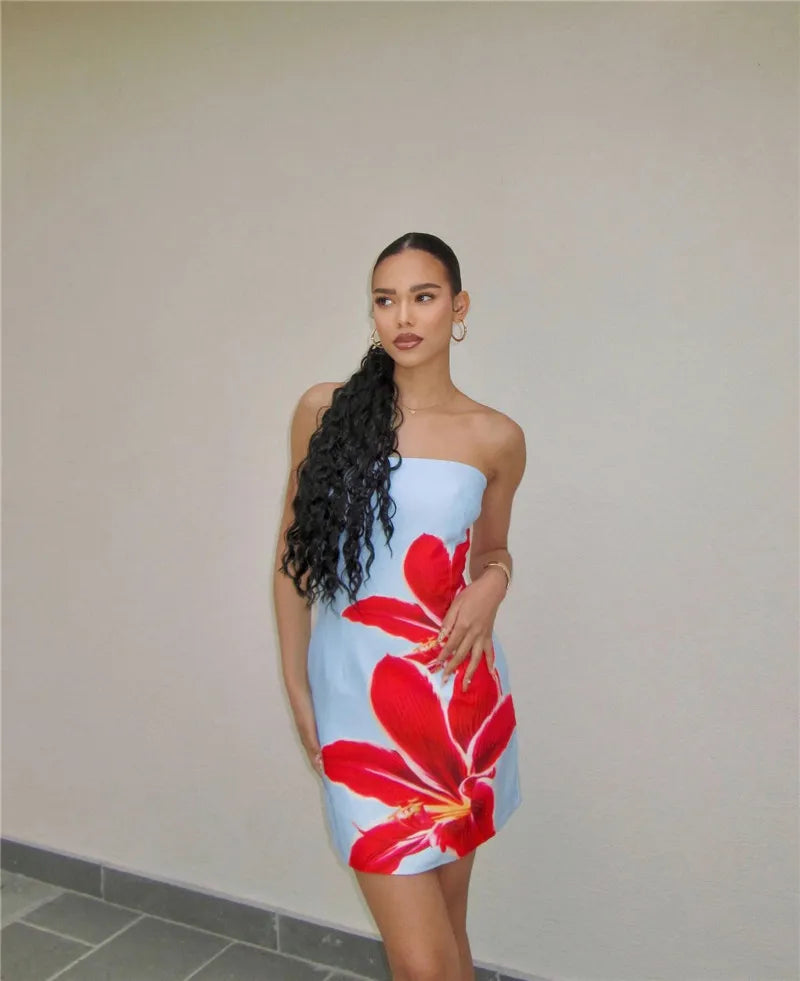 שמלת מיני סטרפלס בעיטור הדפס פרחים - שי לי