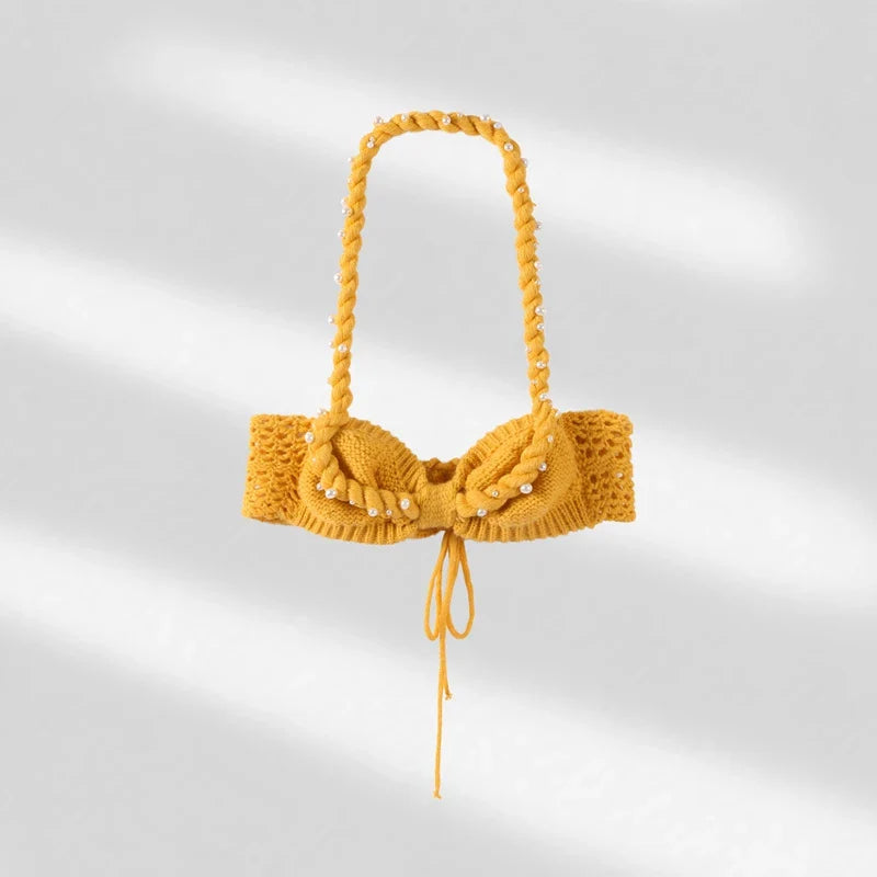 סט חוף סרוג שני חלקים בעיטור צדפות ופנינים טופ וחצאית מקסי / מיני - Adrianna